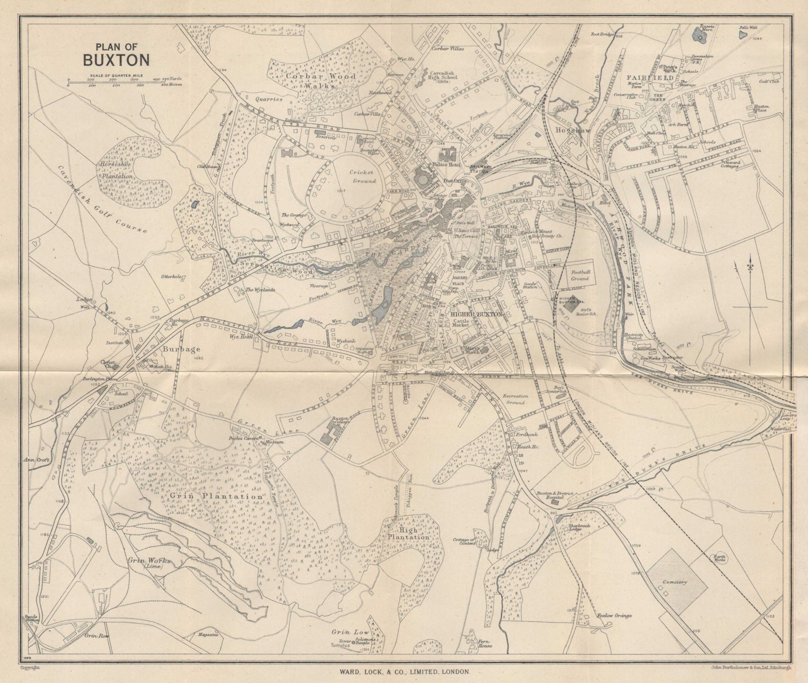 BUXTON vintage tourist town city plan. Derbyshire. WARD LOCK 1950 old map